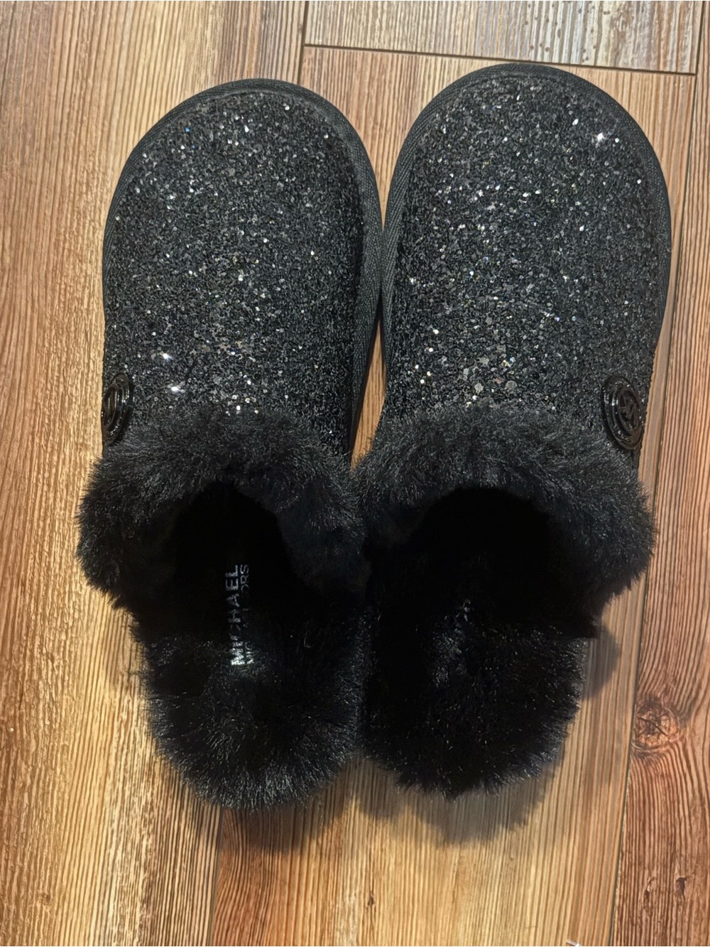 Michael Kors Black Glitter Faux-Fur Clog Slippers